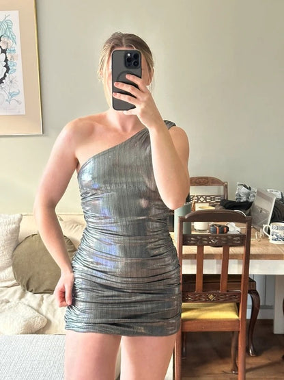 RRP 29.99 Quiz Silver Foil Bodycon One Shoulder Dress - Ruched Sides - UK 8