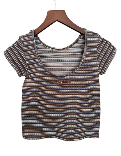 Urban Outfitters iets frans.. Scoop Neck Seamless Brown Blue White Stripes - Size XL