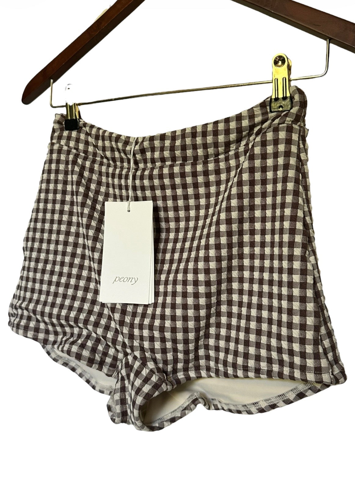Anthropologie Peony Quintessential Swim Shorts in Brown White Gingham - Size M