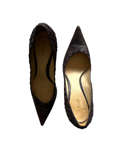 Rare Vintage Chloe Brown Leather Ribbon Knit Heeled Pumps EU 39 / UK 6