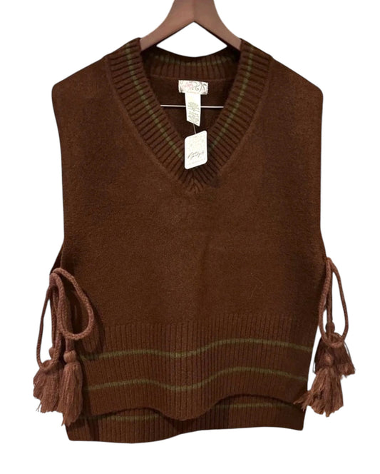 Free People All Star Stripe Poncho Knit Vest - Brown Green - One Size