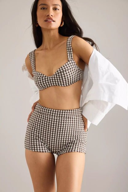 Anthropologie Peony Quintessential Swim Shorts in Brown White Gingham - Size M