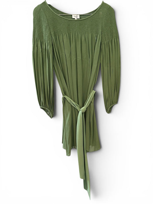 Temperley London Smocked Mini Dress in Green 100% Silk UK 10