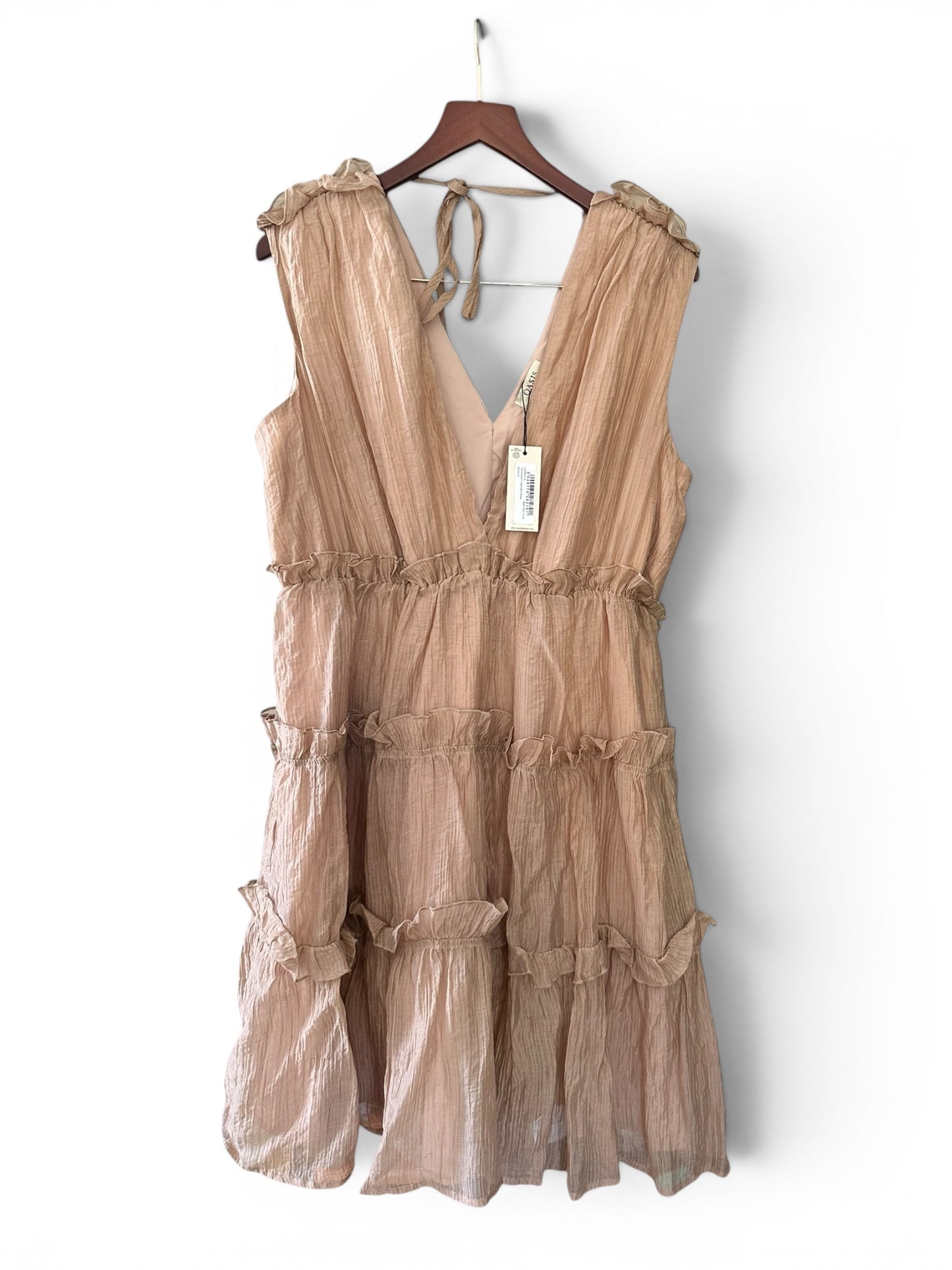 Oasis Tiered Detail V Neck Mini Dress in Mocha - UK 16