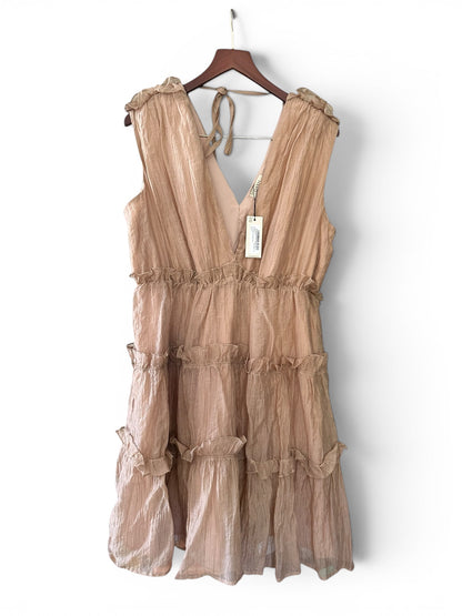 Oasis Tiered Detail V Neck Mini Dress in Mocha - UK 16