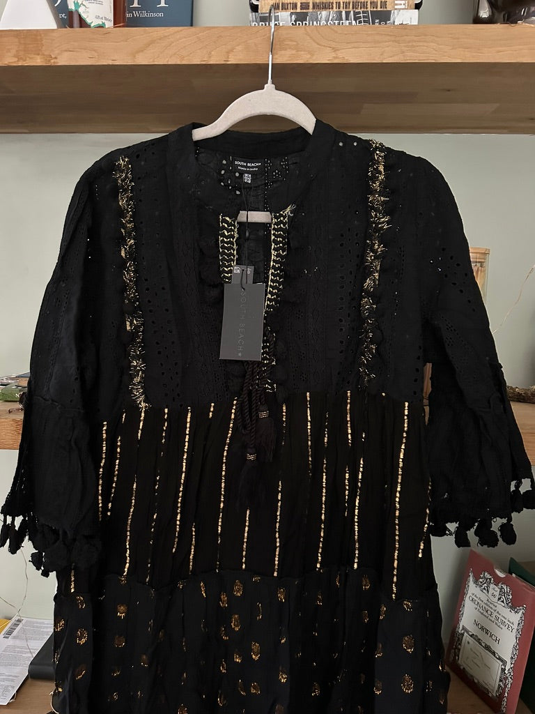 South Beach Trim Detail Tiered Mini Dress - Black Gold - UK 14 - RRP 42