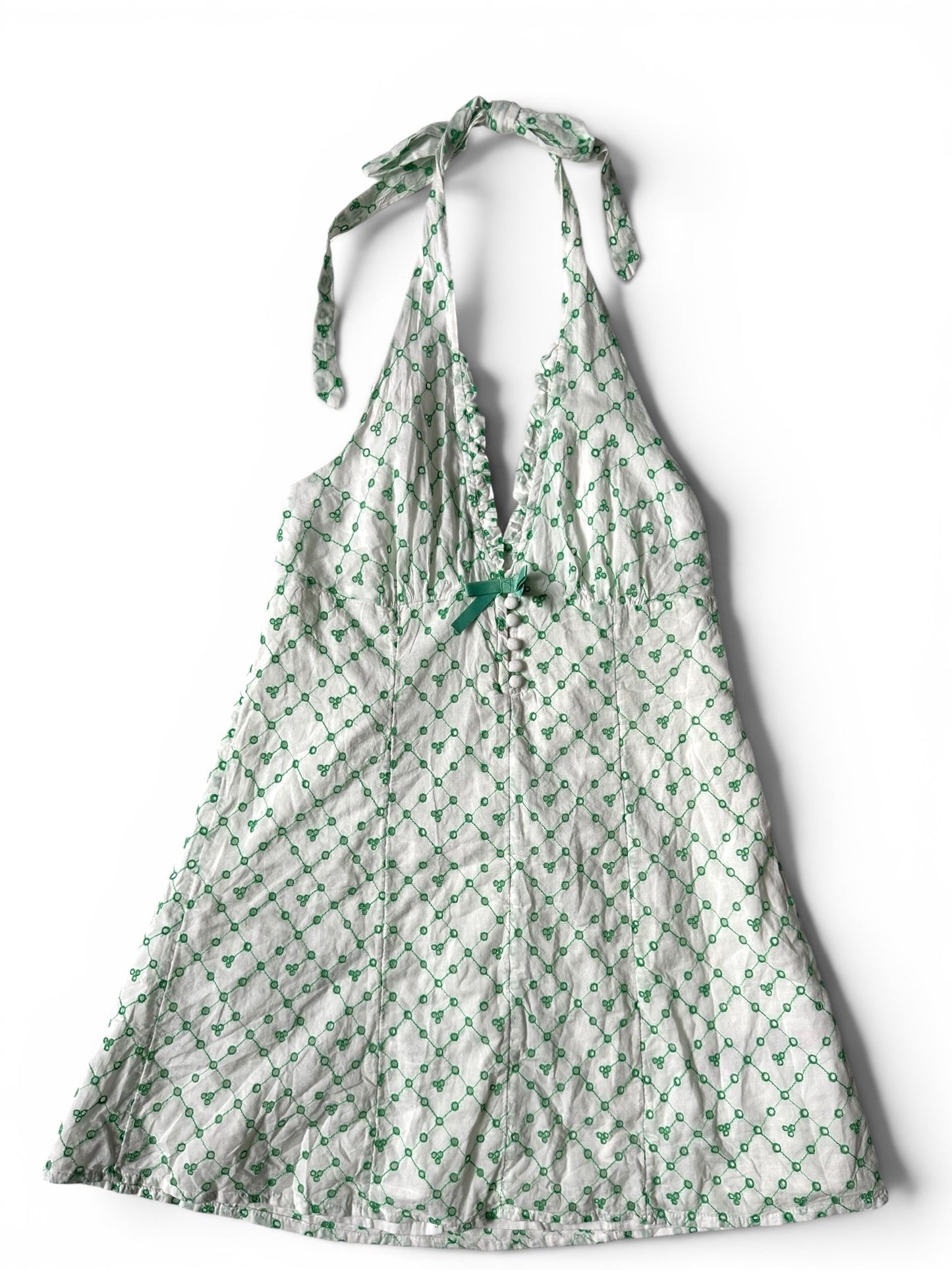 Urban Outfitters Kimchi Blue Cotton Embroidered Halter Mini Dress White Green - Size M