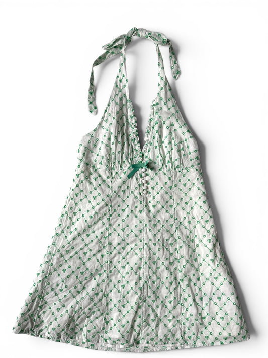 Urban Outfitters Kimchi Blue Cotton Embroidered Halter Mini Dress White Green - Size M