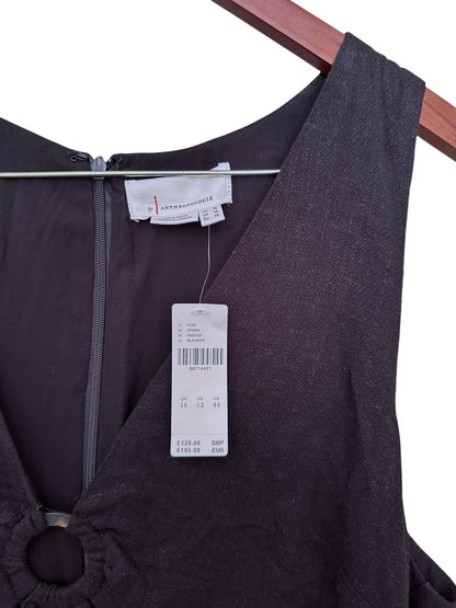 By Anthropologie Black Lola V-Neck Linen-Blend Midi Dress 128 UK 16