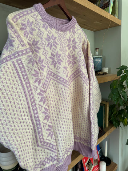 Vintage Voss 100% Wool Nordic Sweater in Cream / Soft Lilac - Unisex L