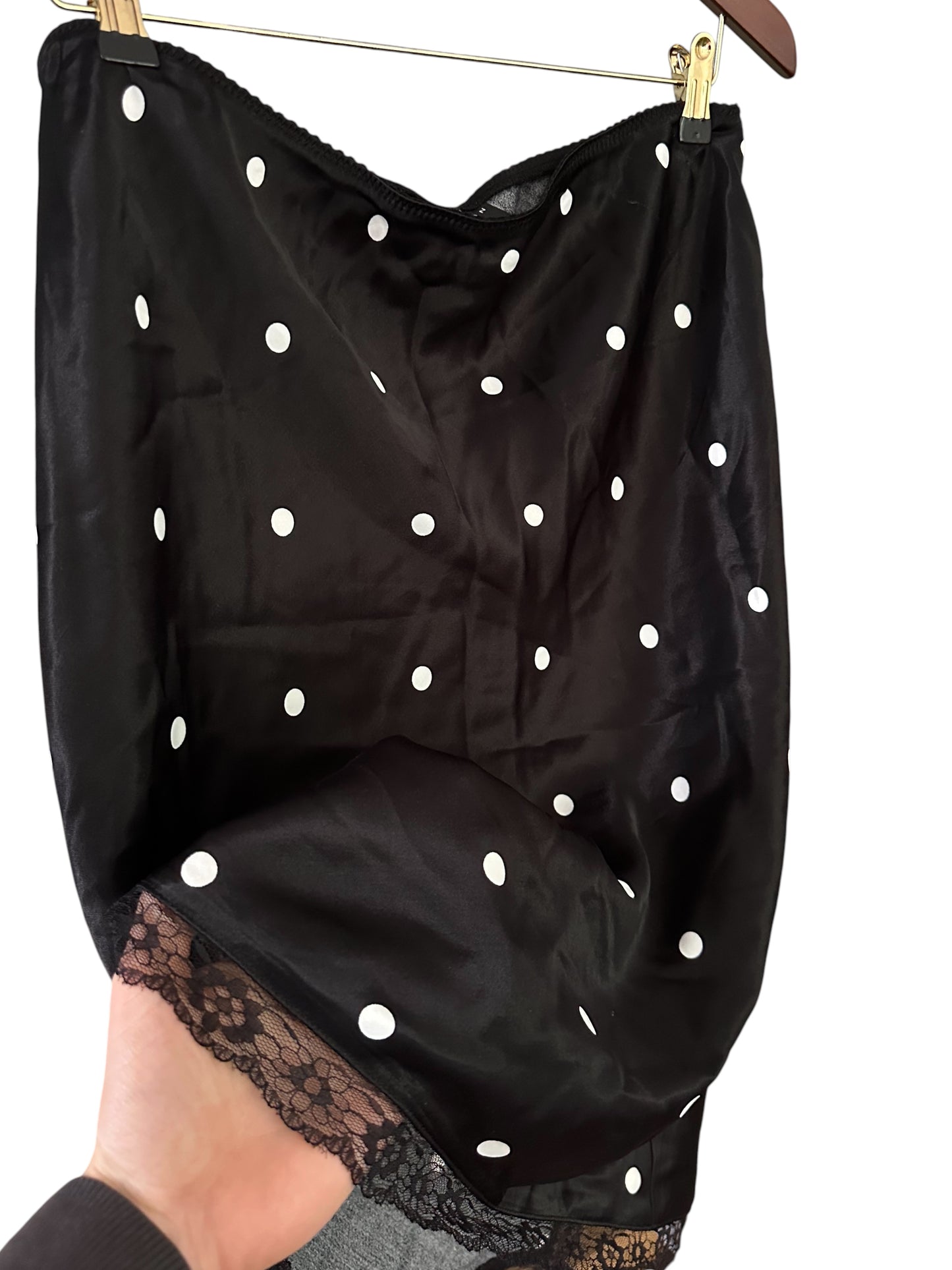 Black White Asos Dolka Dot Satin Lace Trim Mid Length Skirt - Size M 12-14
