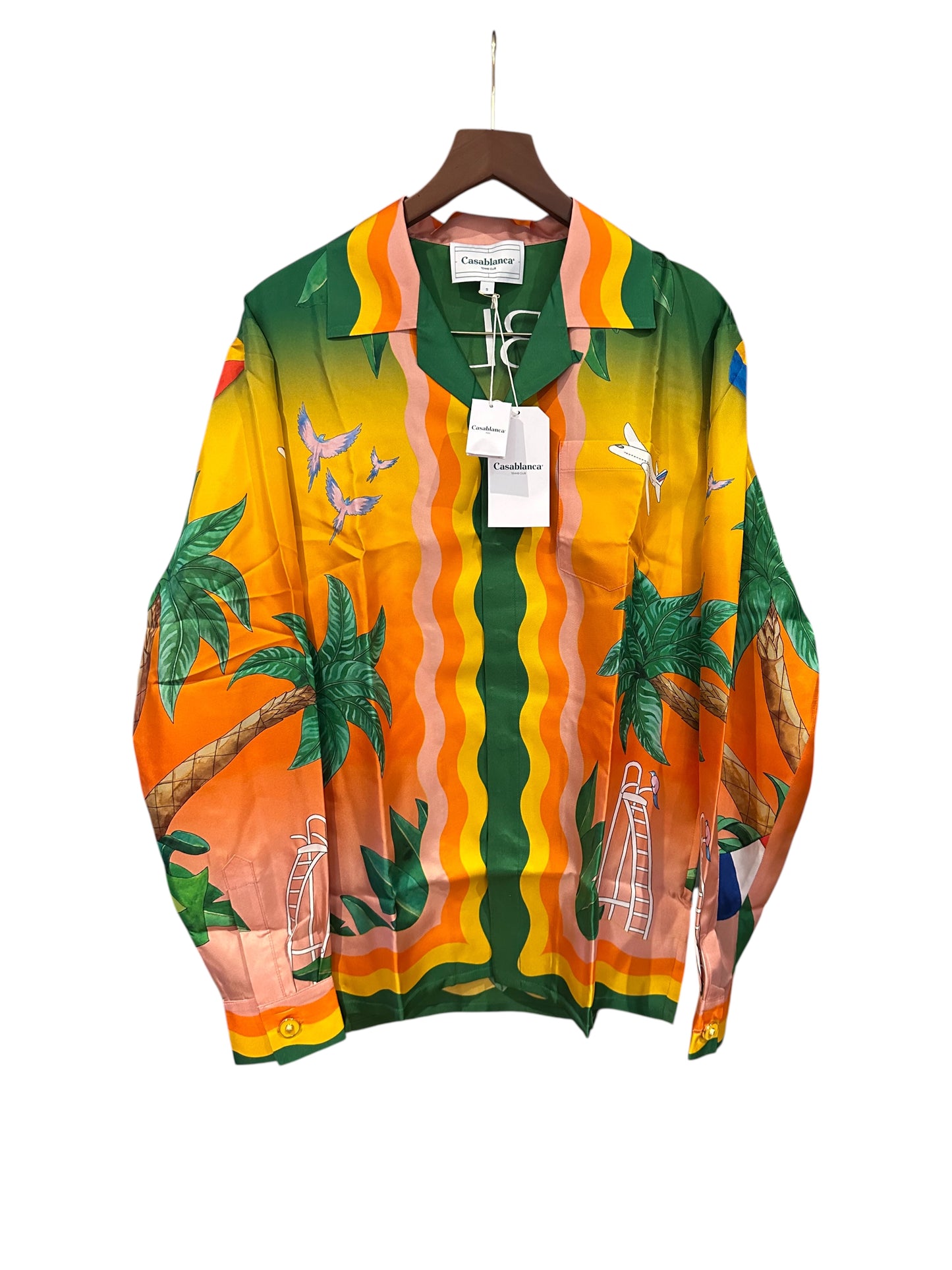 Casablanca Unisex Silk Twill Cuban Collar Long Sleeve Shirt Tennis Club En Fleur - Size S