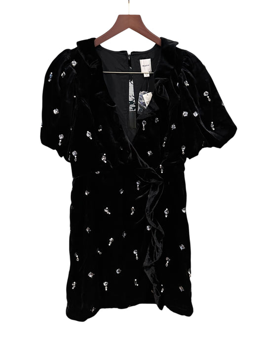 Anthropologie Black Maeve Puff Short-Sleeve Ruffle Embellished Velvet Mini Dress - UK 12 RRP 180