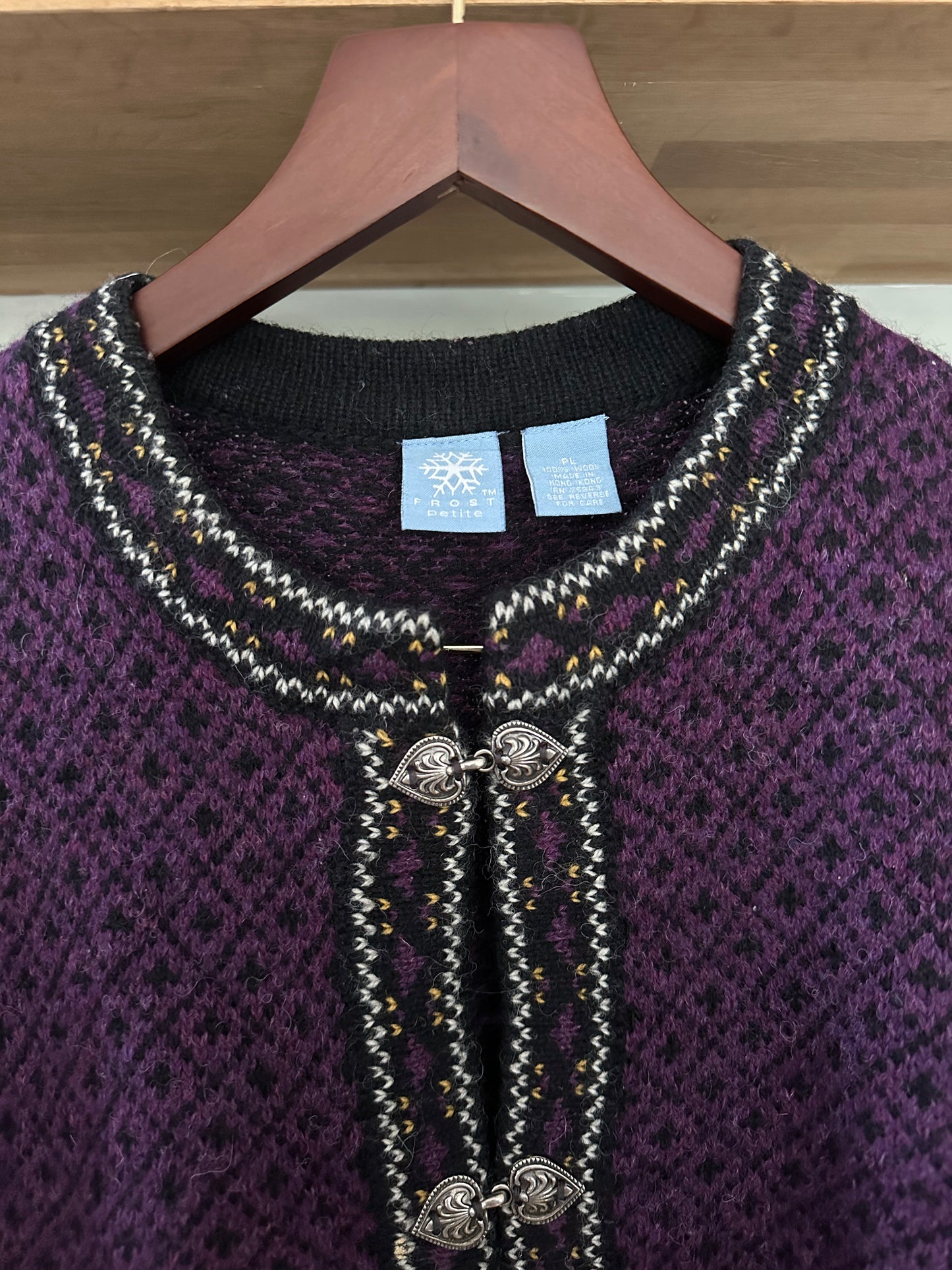 Vintage Nordic Frost 100% Wool Cardigan Purple / Black in Petite L