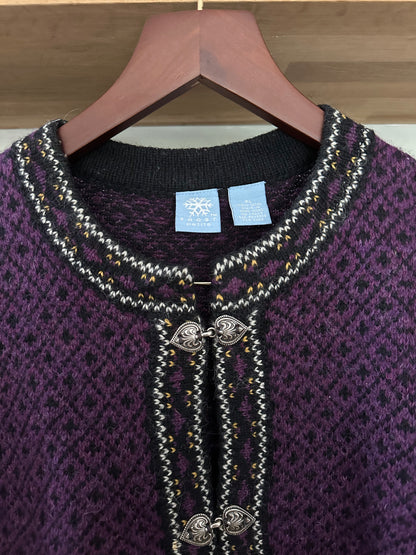 Vintage Nordic Frost 100% Wool Cardigan Purple / Black in Petite L