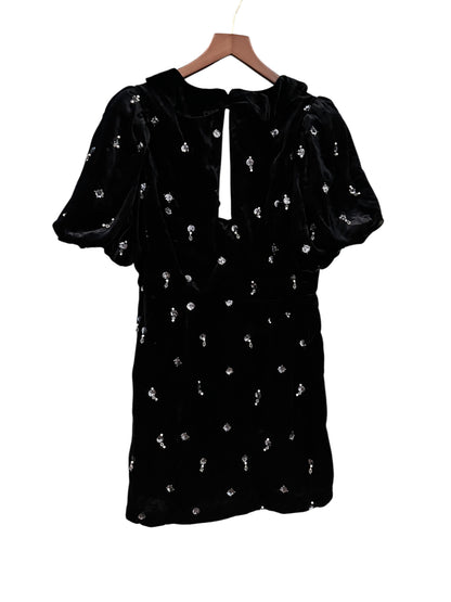 Anthropologie Black Maeve Puff Short-Sleeve Ruffle Embellished Velvet Mini Dress - UK 12 RRP 180