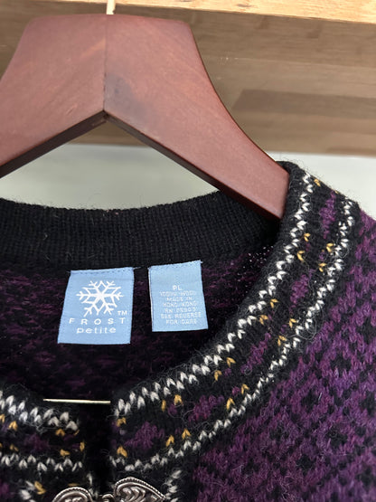Vintage Nordic Frost 100% Wool Cardigan Purple / Black in Petite L