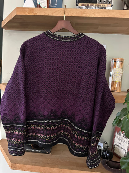 Vintage Nordic Frost 100% Wool Cardigan Purple / Black in Petite L