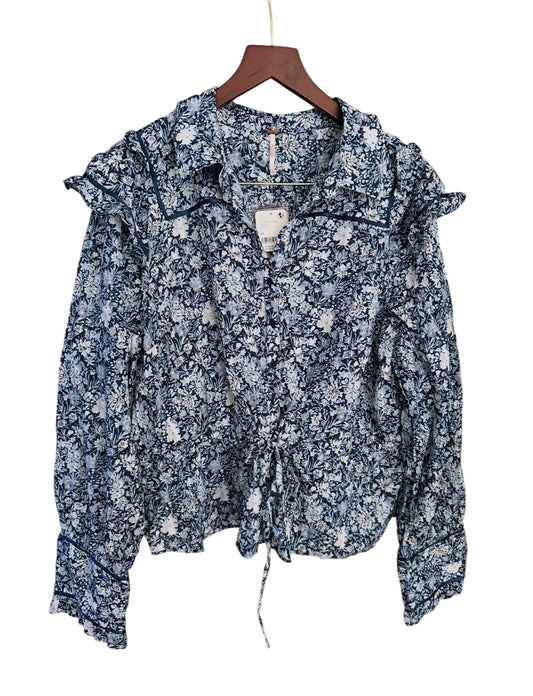 Free People Printed Daybreak Floral Blouse in Blue Chambray Combo - Size XL