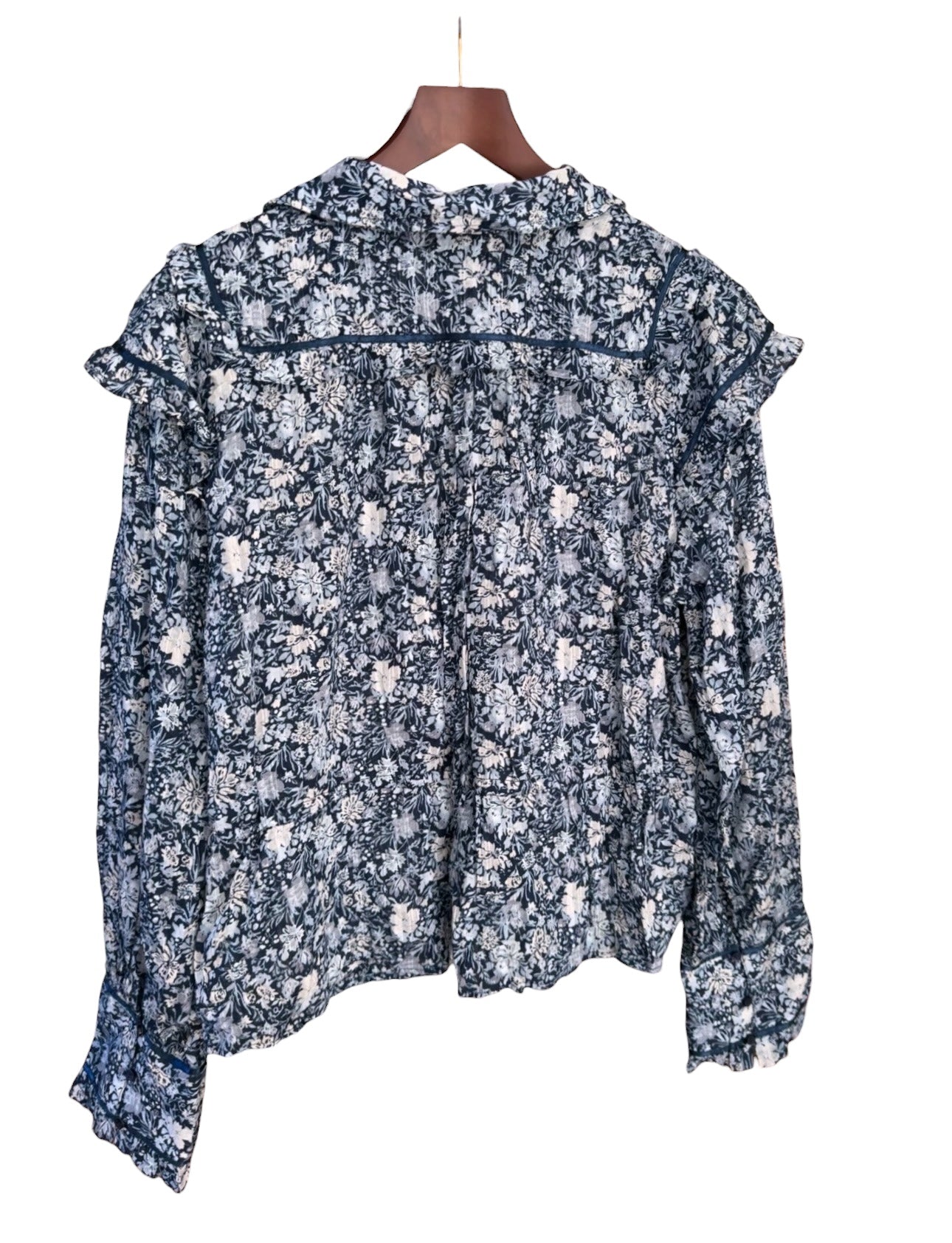Free People Printed Daybreak Floral Blouse in Blue Chambray Combo - Size XL