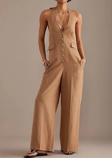 Anthropologie Maeve Myla Halterneck Tailored Button Up Jumpsuit UK 6 Beige