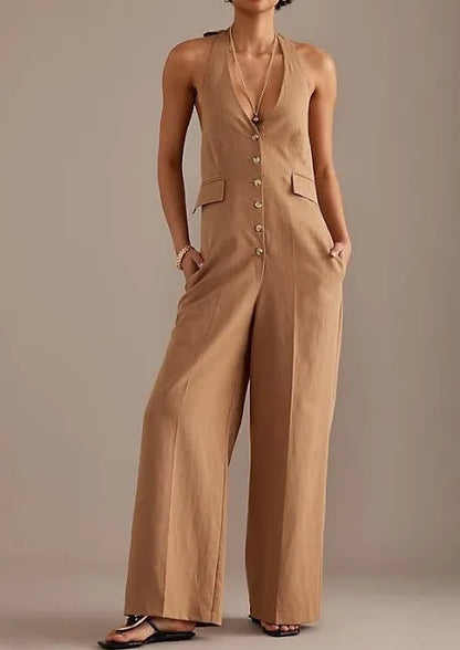 Anthropologie Maeve Myla Halterneck Tailored Button Up Jumpsuit UK 6 Beige
