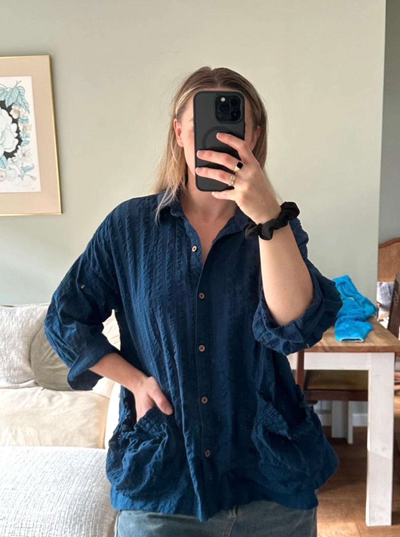 Free People Just Like Me Seersucker Shirt - Navy - Size XS