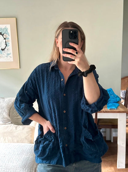 Free People Just Like Me Seersucker Shirt - Navy - Size XS