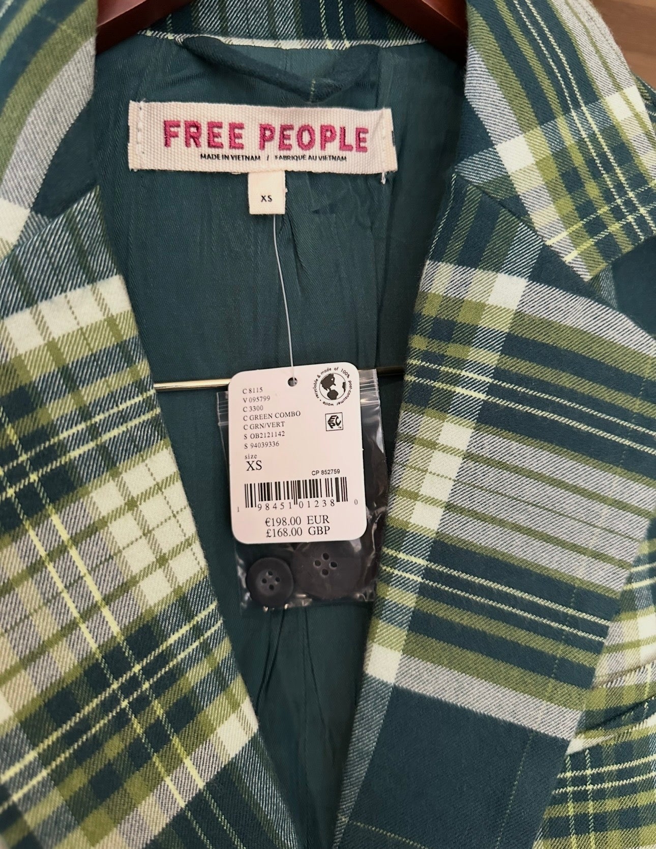 RRP 168 Free People Green Checkered Oversized Blazer - Green Plaid - Size XS