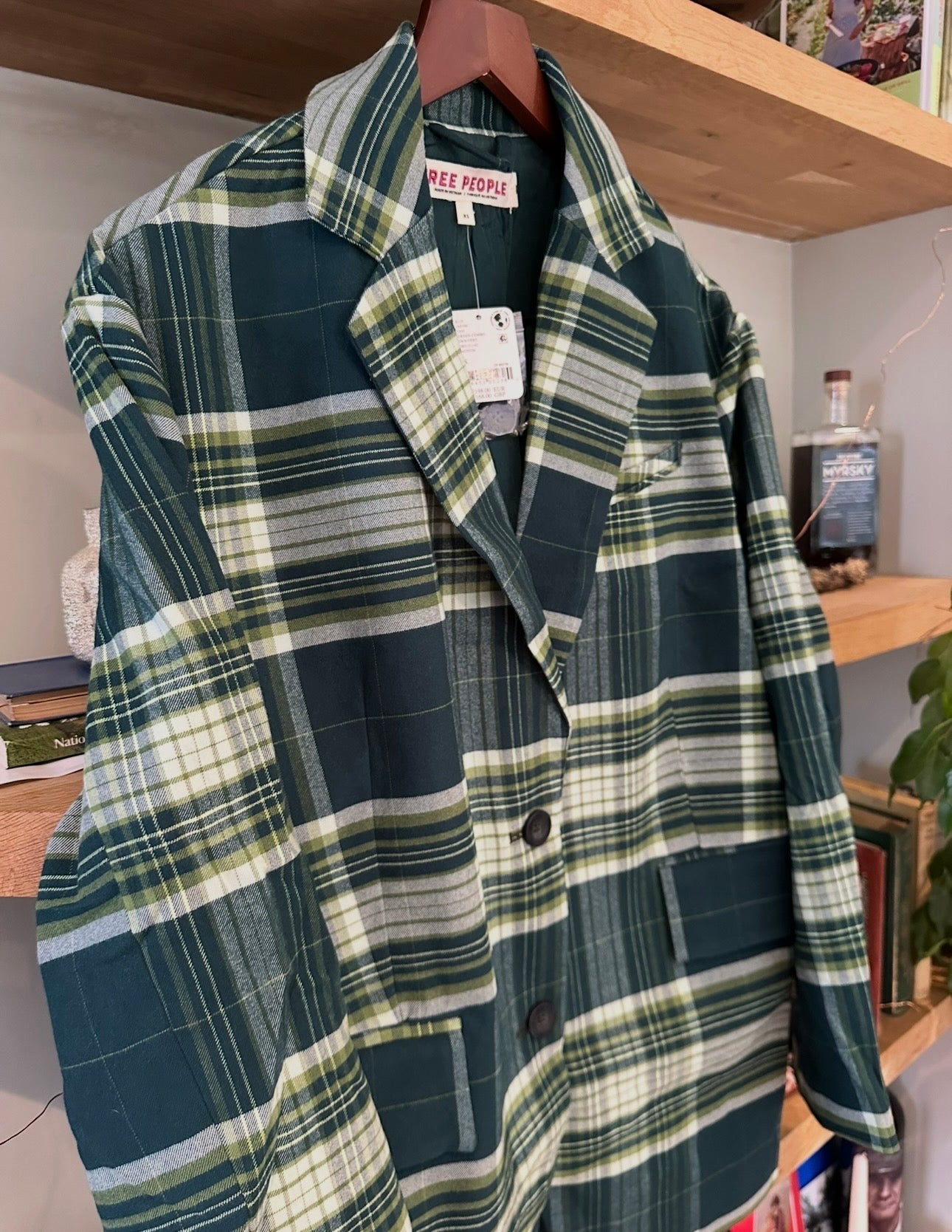 RRP 168 Free People Green Checkered Oversized Blazer - Green Plaid - Size XS