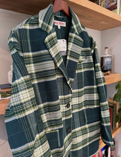 RRP 168 Free People Green Checkered Oversized Blazer - Green Plaid - Size XS