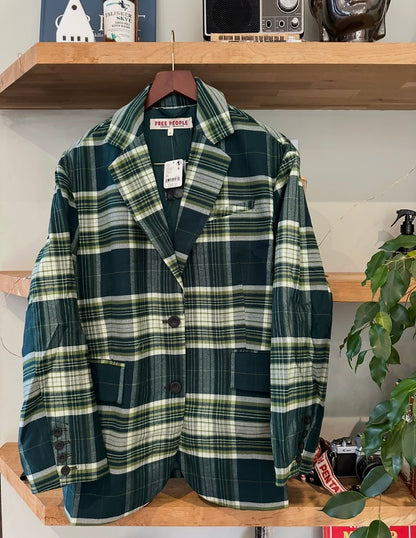 RRP 168 Free People Green Checkered Oversized Blazer - Green Plaid - Size XS
