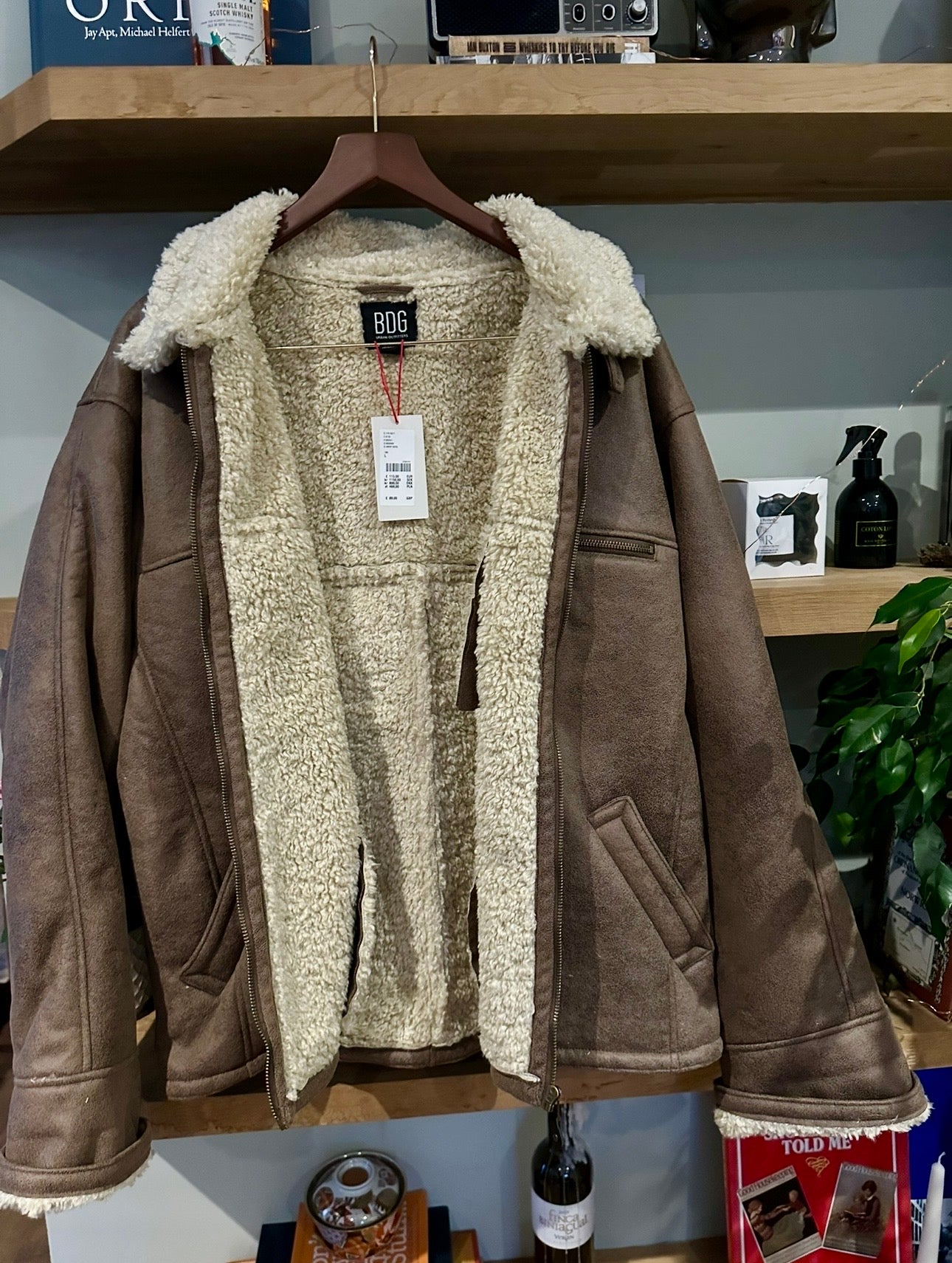 Urban Outfitters Brown Faux Shearling Borg Aviator Jacket  - Size L RRP 89