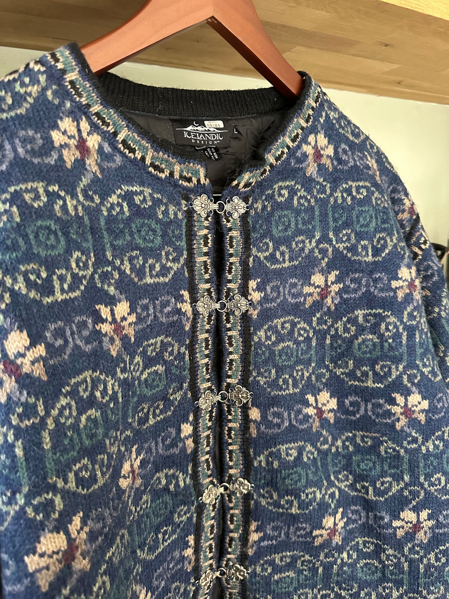 Vintage Icelandic Design 100% Wool Cardigan Blue Beige - Size L