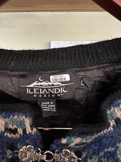 Vintage Icelandic Design 100% Wool Cardigan Blue Beige - Size L