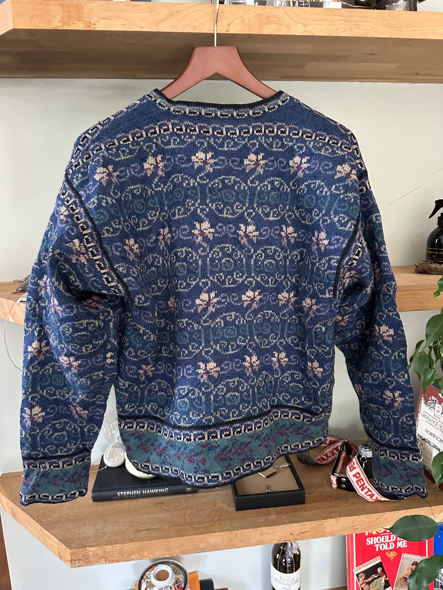 Vintage Icelandic Design 100% Wool Cardigan Blue Beige - Size L