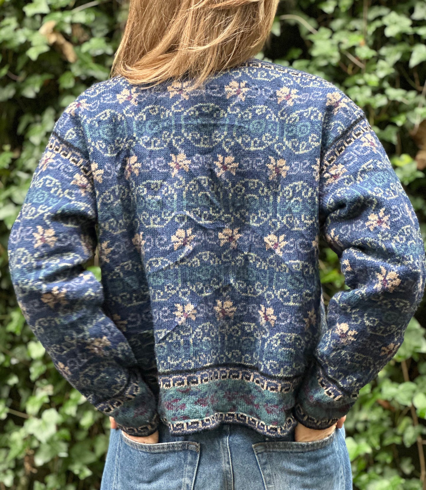 Vintage Icelandic Design 100% Wool Cardigan Blue Beige - Size L