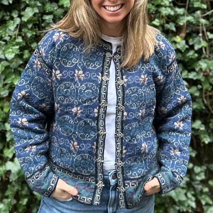 Vintage Icelandic Design 100% Wool Cardigan Blue Beige - Size L