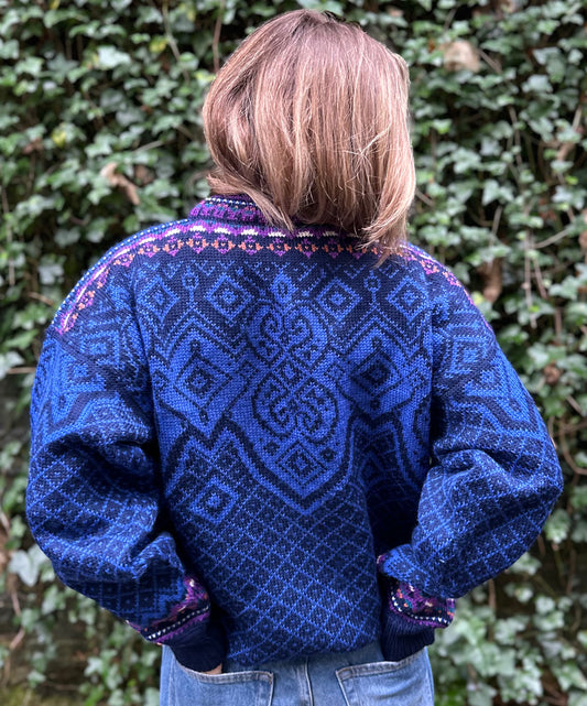 Vintage Dale Of Norway 100% Wool Royal Blue Navy Fair-Isle Sweater - Size L