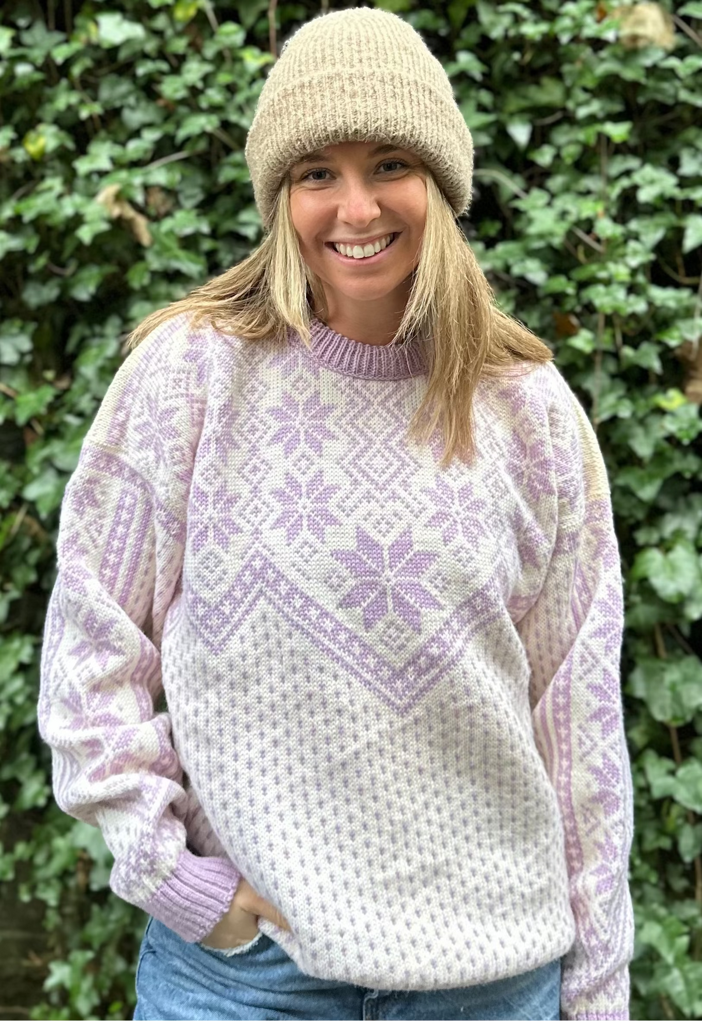 Vintage Voss 100% Wool Nordic Sweater in Cream / Soft Lilac - Unisex L