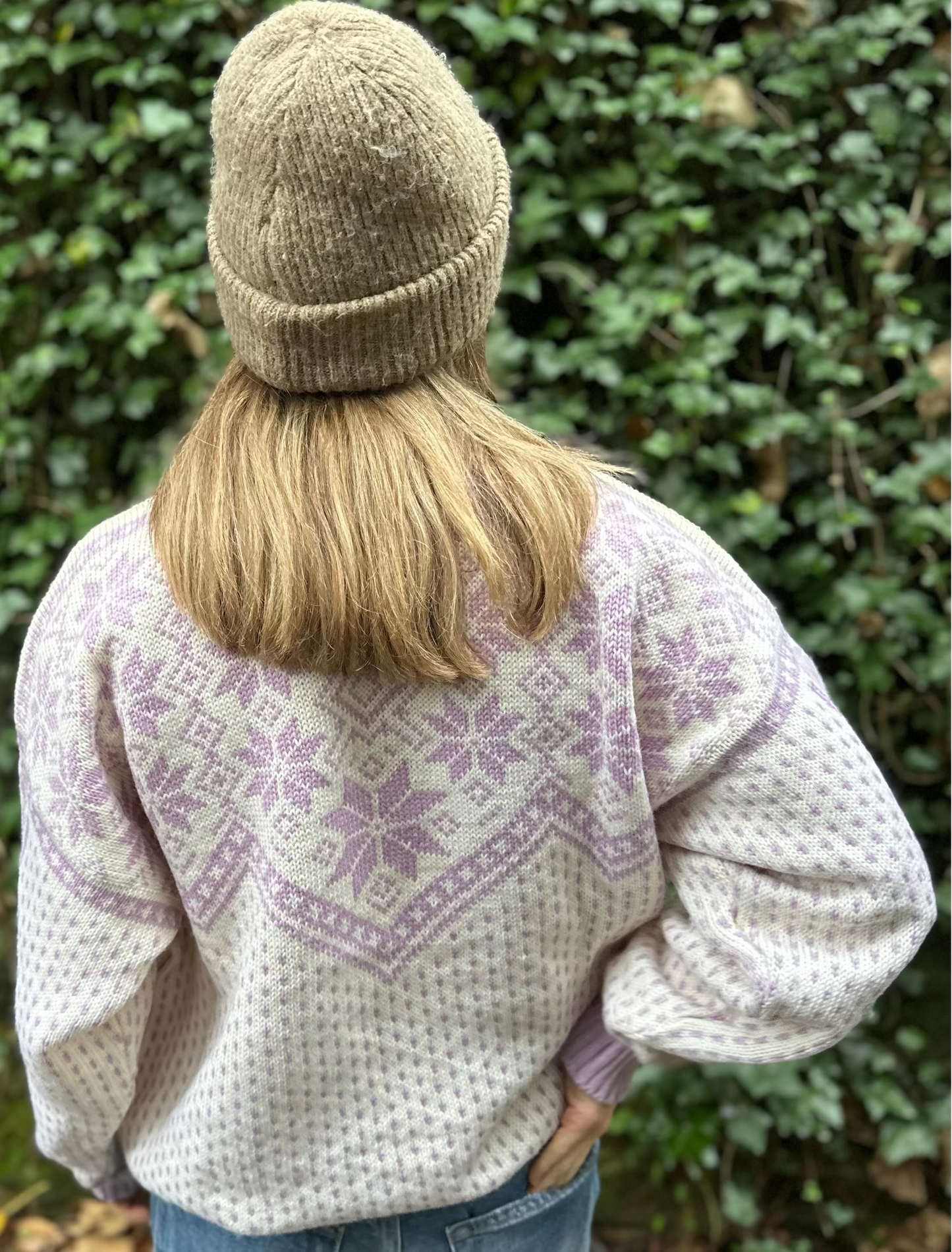 Vintage Voss 100% Wool Nordic Sweater in Cream / Soft Lilac - Unisex L