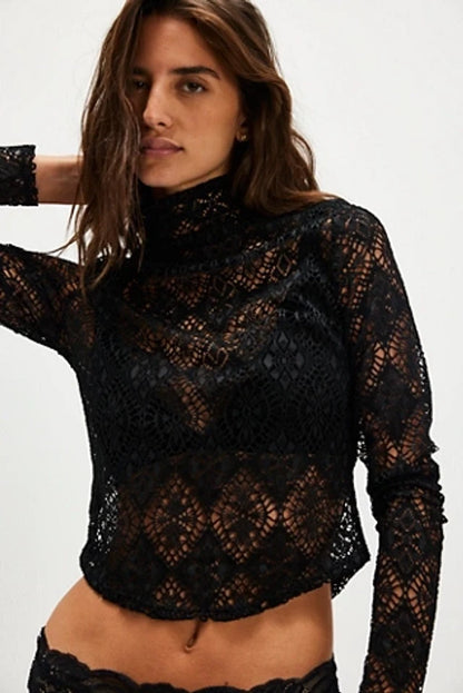 Black Crochet Lace Bali Noble Free People Long Sleeve Top - Size L