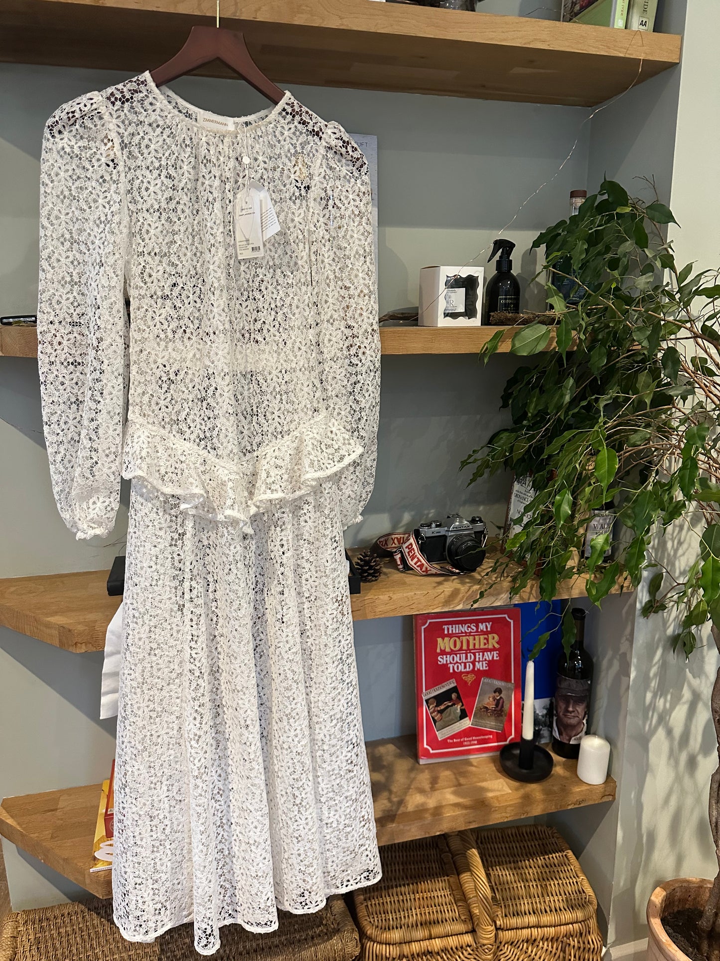 Zimmermann Corsage Yoke Long Sleeved Lace Midi Dress Ivory - Size 0 UK 8