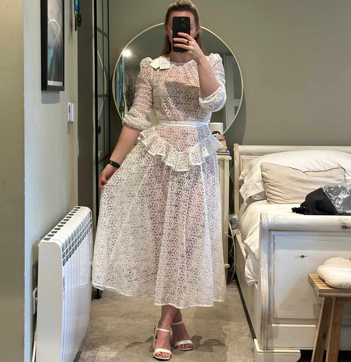 Zimmermann Corsage Yoke Long Sleeved Lace Midi Dress Ivory - Size 0 UK 8