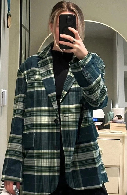 RRP 168 Free People Green Checkered Oversized Blazer - Green Plaid - Size XS