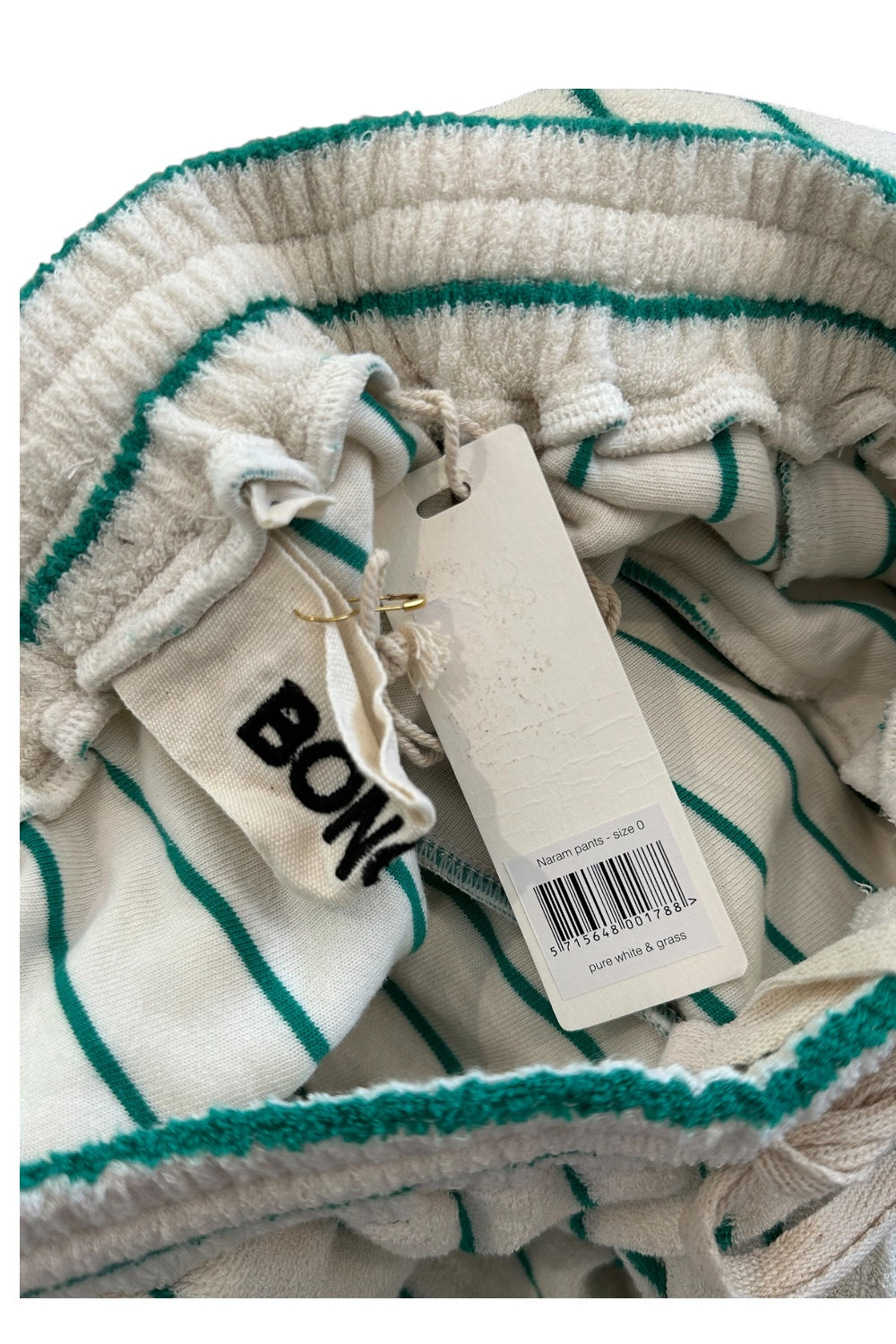 Bongusta Naram White Green Stripe 100% Organic Cotton Towelling Trousers - Size 0 Size UK 8
