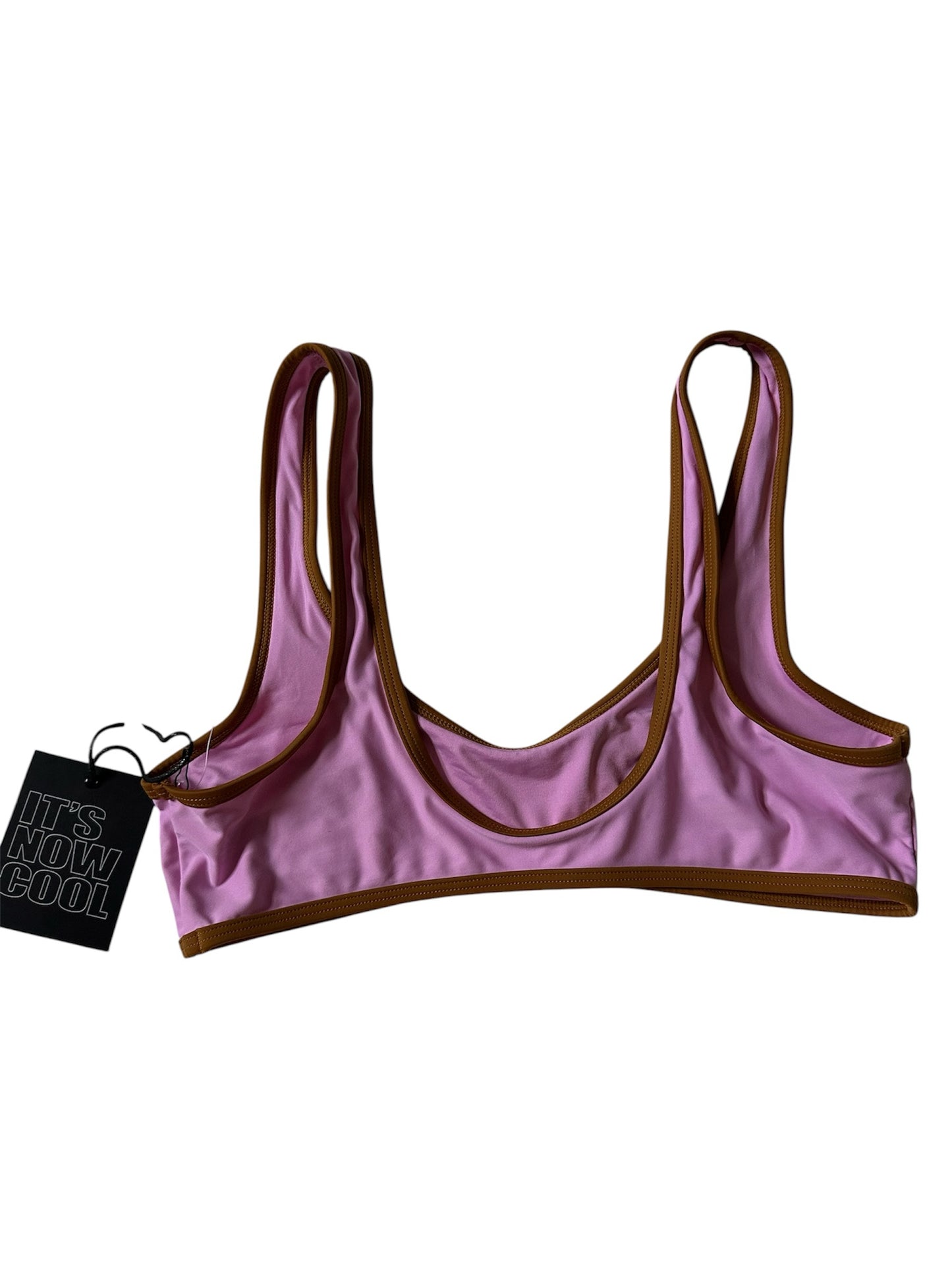 Circular Thrift IT'S NOW COOL lilac pink scoop neck bikini top with contrasting brown trim and brand swing tag.
