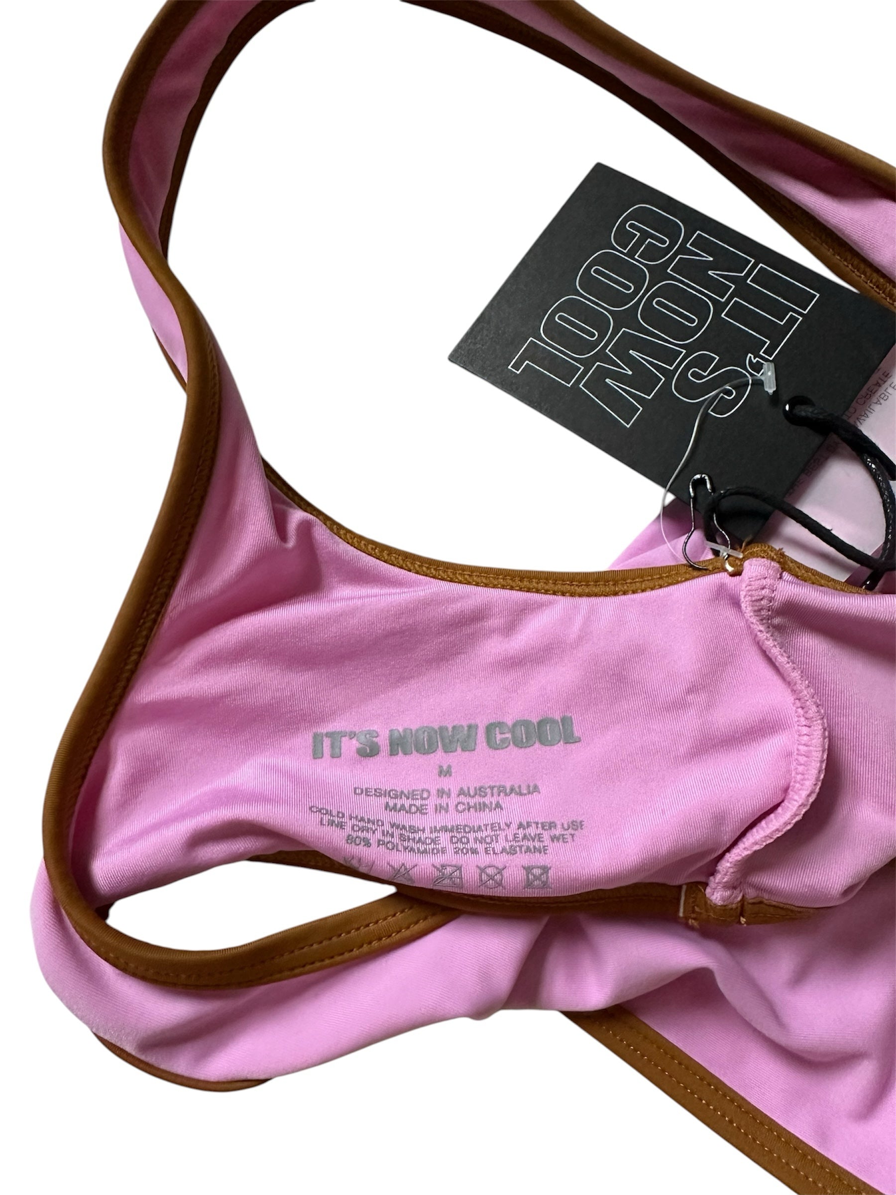 Circular Thrift IT'S NOW COOL lilac pink scoop neck bikini top with brown trim and interior brand label details.