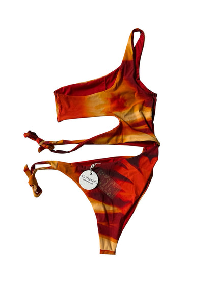 Circular Thrift WILD LOVERS one-shoulder cut-out swimsuit in a vibrant red, orange, and yellow sunset tie-dye print.
